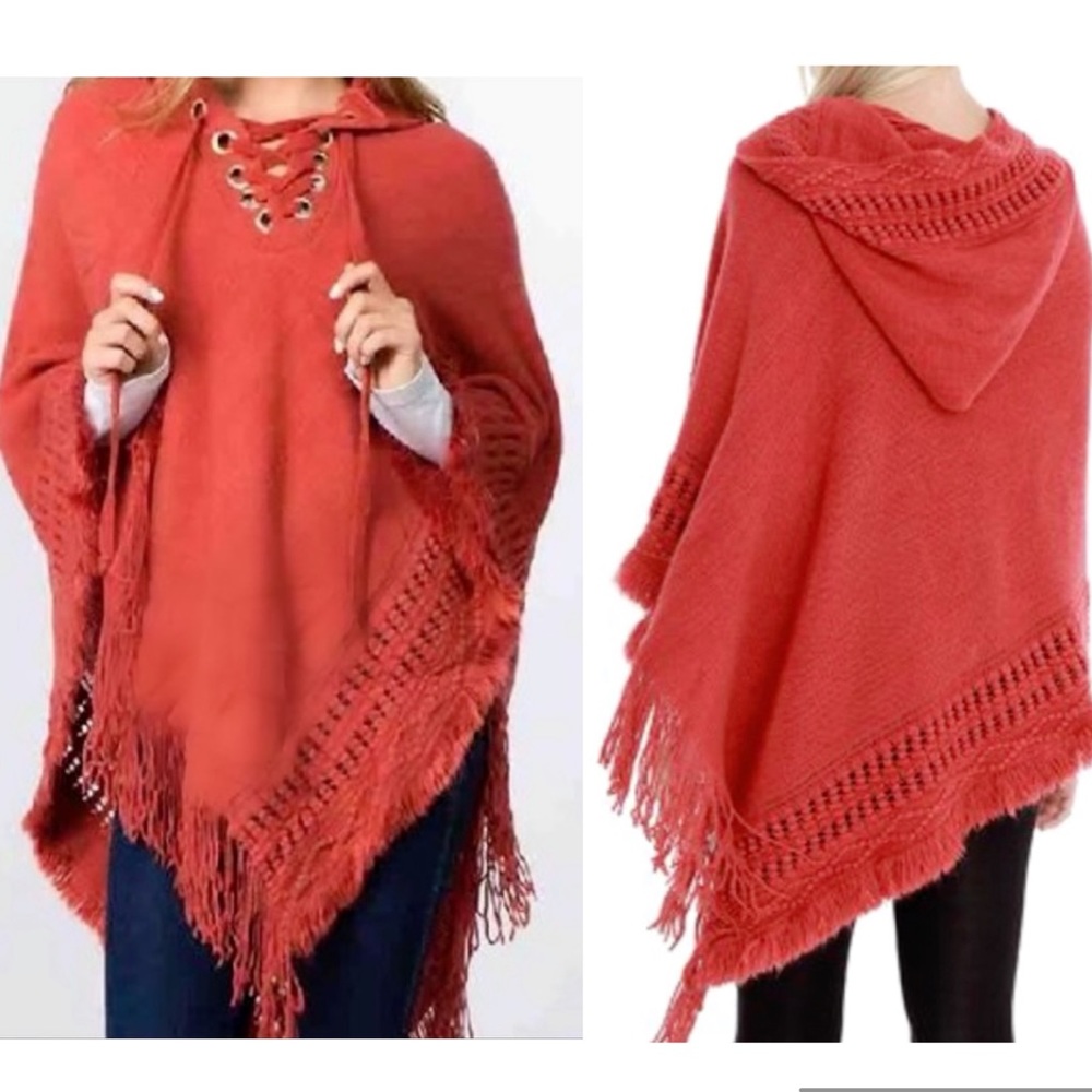 Knit Poncho Sweater Hoodie with Iace up & Fringe